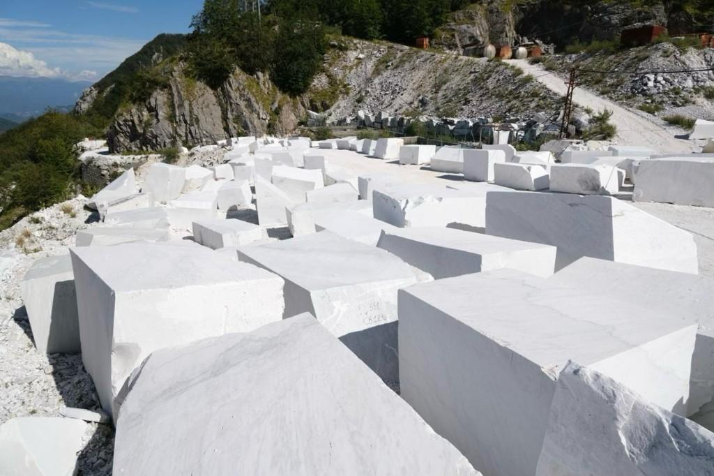 White marble blocks staged at a sourcing quarry