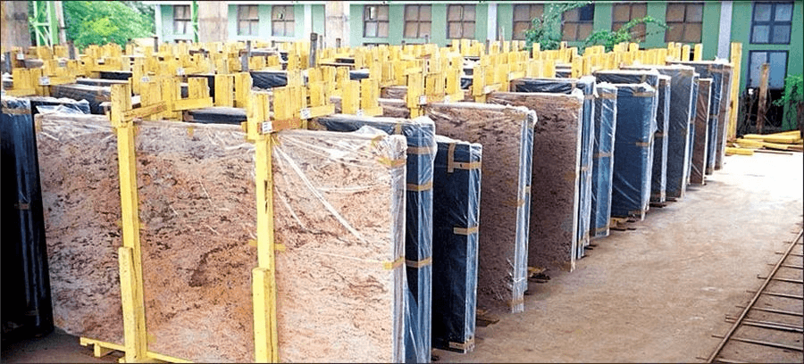 Wrapped stone slabs staged for export