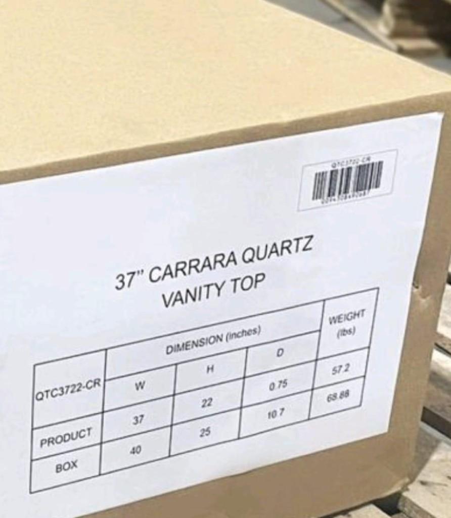 Export label for a 37 inch Carrara quartz vanity top with product and box dimensions